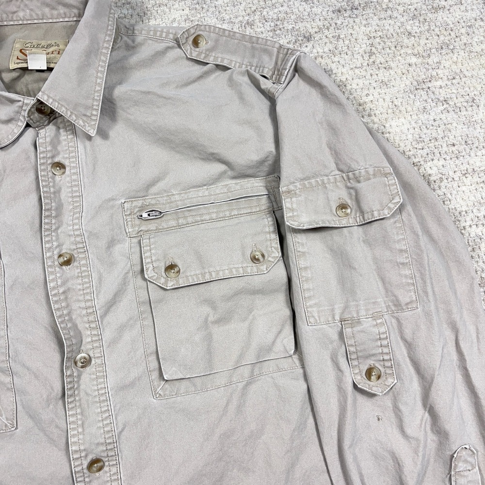 Cabelas Safari Shirt Men Large Tan Khaki Pockets Camp Hiking Guide - Picture 8 of 14
